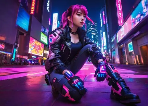 cyberpunk,hk,futuristic,hong,cyber,cosplay image,asuka langley soryu,nova,nora,roller skating,neon light,neon lights,cyborg,scifi,katana,neon arrows,harajuku,neon,sci fi,sci - fi,Illustration,American Style,American Style 03