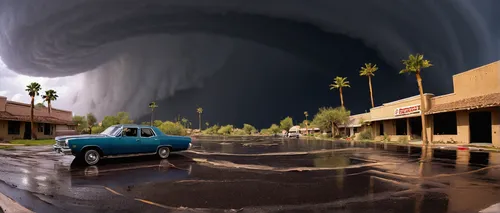 hurricane, Utah, extreme weather, swirling clouds, high winds, debris flying, dark grey sky, torrential rain, palm trees bending, street signs shaking, abandoned cars, flooded streets, emergency situa