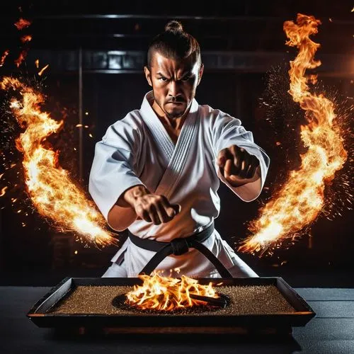 an angry karate fighter in a black dojo trying to destroy a tray with a karate chop (with the edge of his hand) show the movement there is fire and sparks in the background
,teppanyaki,taijutsu,ryu,ka