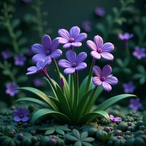 The image displays a cluster of purple flowers in a dark and lush green environment, creating a striking contrast. The flowers have five petals each and are vibrant purple, with a darker purple or red