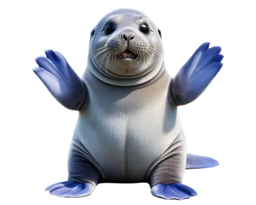 Cartoon elephant seal, cute expression, big round eyes, blue irises, eyelashes, smiling face, trunk nose, flippers hands, white belly, grey back, spots on body, shiny fur, playful pose, sitting on flo