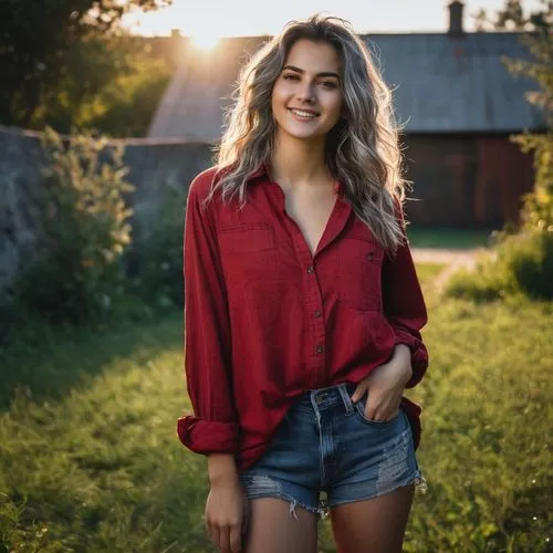 (20 years old, young:1.2)  A beautiful young girl with long messy grey hair. She is looking at the camera. A Masterpiece, best quality, relaxing, standing in the yard. wearing oversized red cotton shi