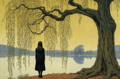 girl with tree,weeping willow,rusalka,olle gill,the girl next to the tree,woman silhouette,the autumn,shirakami-sanchi,tommie crocus,girl in a long,hanging willow,travel poster,girl on the river,cool woodblock images,women silhouettes,the japanese tree,sibelius,vincent van gough,treeing feist,the silhouette,Illustration,Retro,Retro 01