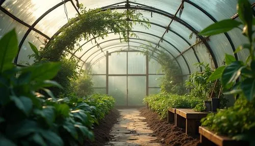 Greenhouse, polyethylene material, translucent roofing, curved structure, metal frames, lush greenery, tropical plants, vines crawling up walls, misty atmosphere, soft natural light, warm ambient temp