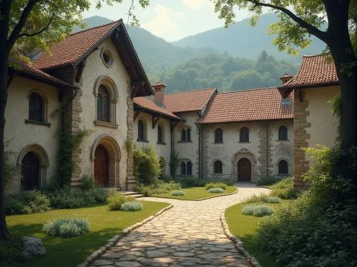 monastery,parador,house in the mountains,stone houses,villa,knight village,transylvania,medieval castle,fairy tale castle,manor,mountain settlement,casabella,private estate,maison,alpine village,house in mountains,escher village,estates,auberge,fairytale castle,Photography,General,Realistic