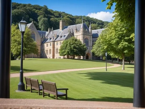 Transform the famous drawing by Bill Denny “Malvern College, Main Building” into a contemporary, high-resolution black and white photo in an impressive way.,a lawn with three benches and a street lamp