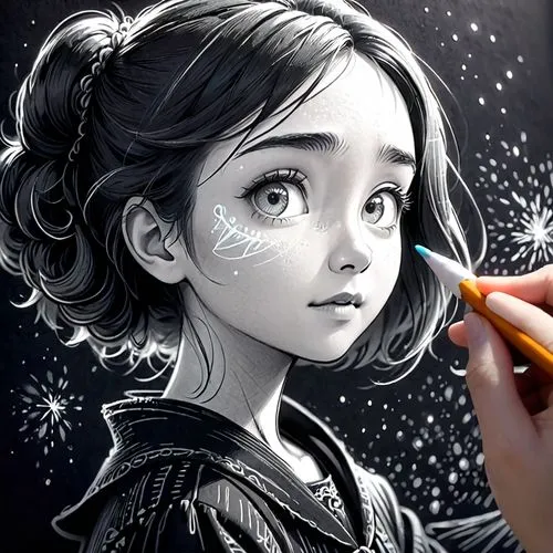 pencil art,chalk drawing,mystical portrait of a girl,kids illustration,illustrator,girl drawing,girl with speech bubble,the little girl,beautiful pencil,child portrait,charcoal pencil,little girl,artist,world digital painting,girl portrait,digital painting,hand painting,digital art,painting technique,sparkler,Anime,Anime,Cartoon