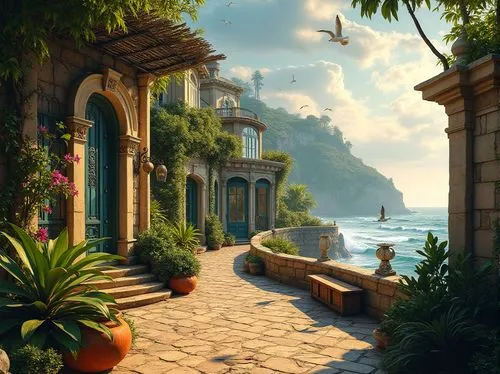 novigrad,uncharted,dorne,positano,cliffside,portofino,theed,seaside view,seclude,coastal landscape,mediterranean,idyllic,coastline,pathway,amalfi coast,capri,amalfi,shorefront,taormina,ravello,Photography,General,Realistic