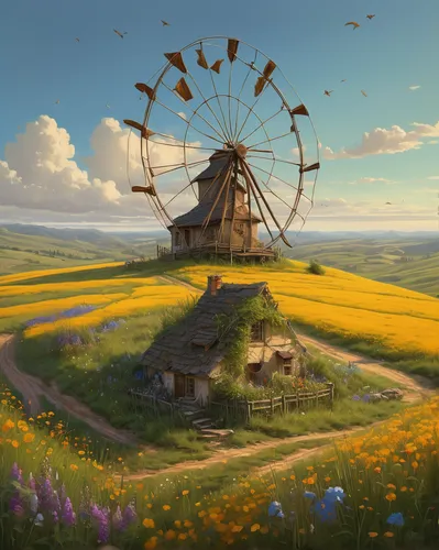 dandelion meadow,dandelion field,the windmills,blooming field,summer meadow,windmill,spring meadow,meadow landscape,chamomile in wheat field,flowering meadow,flowers field,flower field,field of flowers,flower meadow,canola,windmills,springtime background,fantasy landscape,flowers in wheel barrel,yellow grass,Illustration,Realistic Fantasy,Realistic Fantasy 28