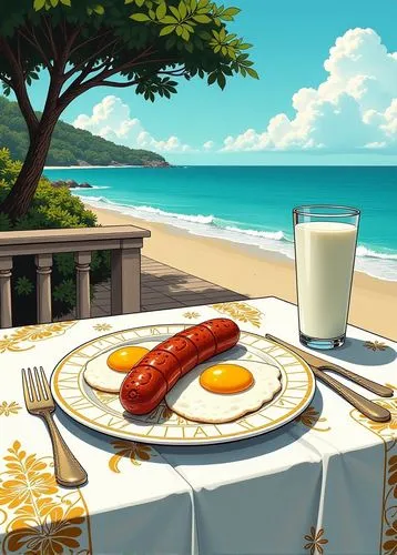 sausage plate,beach restaurant,frankfurters,bananafish,idyllic,bahian cuisine,Illustration,American Style,American Style 07