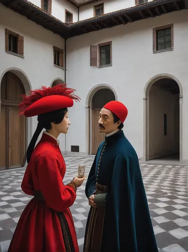 dervishes,cossacks,italian painter,renaissance,courtship,red hat,basque country,conversation,anachronism,dialogue windows,dispute,lollo rosso,meticulous painting,man in red dress,the hat of the woman,caravansary,red coat,tuscan,valet,hamelin,Illustration,Japanese style,Japanese Style 09