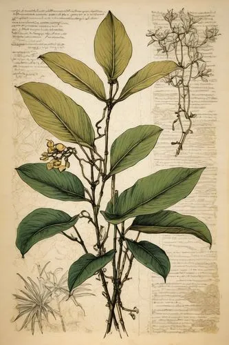 old paper page, Botanical Ink Drawings, tropical vanilla plant, shades and lines, old manuscript, earthy tones, artistic technique and craftsmanship, Herbier Tonnellier,a plant with many leaves and sm