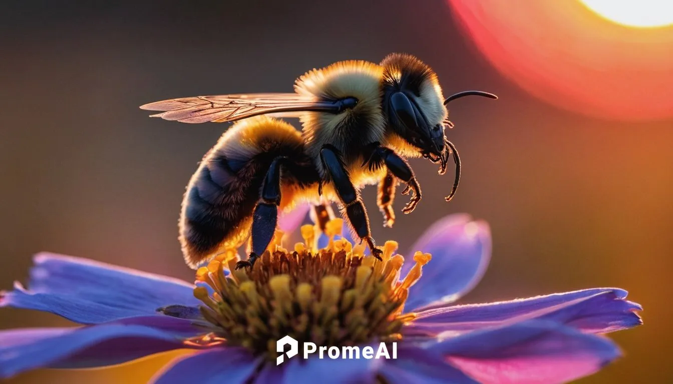 As the sun sets over the horizon, a lone bumblebee (close-up) takes flight, its delicate body illuminated by the warm glow of the sky, on a mission to pollinate the last remaining flowers of the day.,