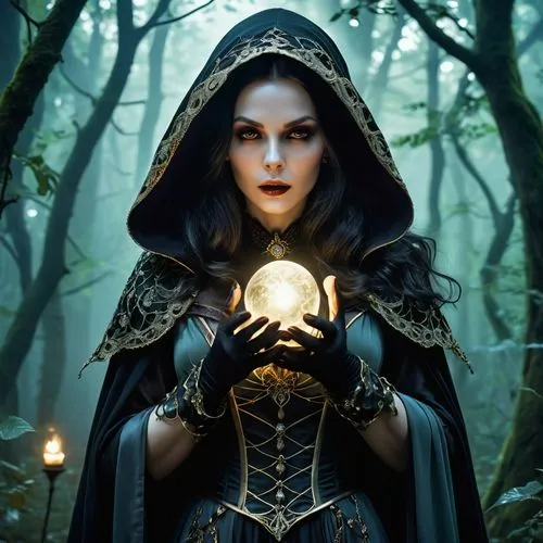 sorceress,the enchantress,dark elf,the witch,ball fortune tellers,fantasy art,fantasy portrait,magic grimoire,mage,divination,fantasy picture,dodge warlock,summoner,sterntaler,fortune teller,fantasy woman,priestess,crystal ball,gothic woman,witches pentagram,Conceptual Art,Fantasy,Fantasy 06