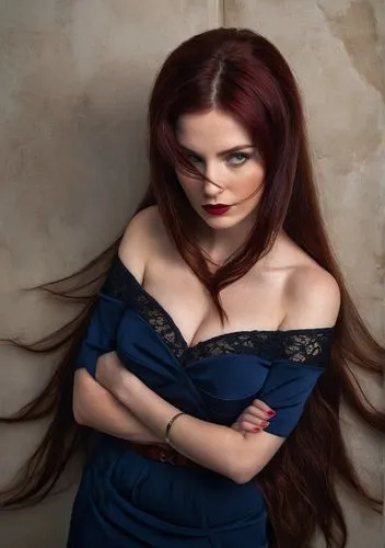 A pale caucasian 30yo woman, large breast, (dark matte blue dress with black lace border), (intense dark red hair), looking up, looking at viewer, seen from above, hair covering one eye, arms crossed,