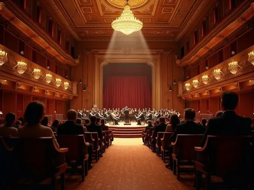 Concert house, optimal acoustics, grand interior, high ceiling, ornate chandelier, wooden floor, red velvet curtains, golden balcony, soft spotlight, evening atmosphere, warm tone lighting, 3/4 compos