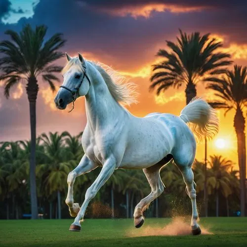 A purebred white Arabian horse, leaping on two feet, neighing in a park full of palm trees at sunset, blue sky and scattered clouds, very realistic image, intricate details, blue, green and red neon e