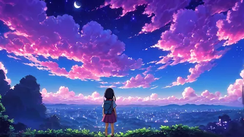 sky,dream world,world end,skyscape,the sky,summer sky,panoramical,sky rose,sakura background,skywatch,beauty scene,other world,celestial phenomenon,dreamland,purple landscape,clouds - sky,atmosphere,japanese sakura background,anime 3d,forest of dreams,Illustration,Japanese style,Japanese Style 05