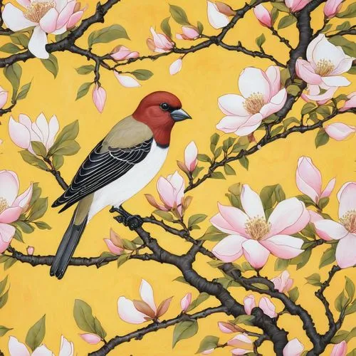 flowerpeckers,bird painting,birds on a branch,goldfinches,grosbeaks,finches,Illustration,Paper based,Paper Based 21