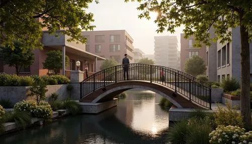 Whimsical pedestrian bridge, ornate iron railings, delicate filigree details, soft warm lighting, misty atmosphere, lush greenery, vibrant flowers, rustic stone piers, wooden decking, curved arches, r