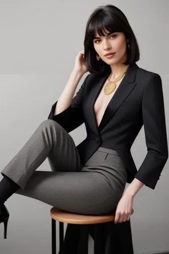 A photograph of a south American woman with fair skin and shoulder length dark hair styled with bangs ,a woman with tights sitting on a stool,business woman,businesswoman,secretarial,pantsuits,pantsui