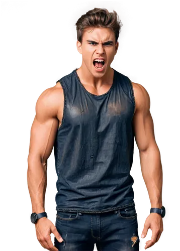 Aggressive young man, muscular build, intense facial expression, sharp teeth, furrowed eyebrows, messy brown hair, ripped sleeveless shirt, black jeans, heavy boots, standing, growling sound effect, c