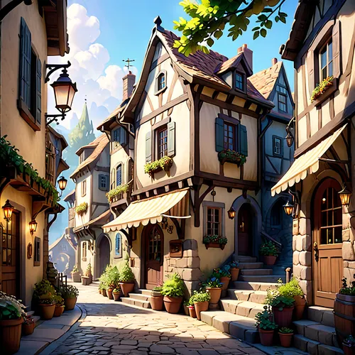 medieval street,medieval town,wooden houses,alpine village,knight village,beautiful buildings,medieval architecture,old town,colmar,alsace,townhouses,escher village,old city,aurora village,crooked house,houses clipart,fairy tale castle,3d fantasy,cobblestone,the cobbled streets,Anime,Anime,General