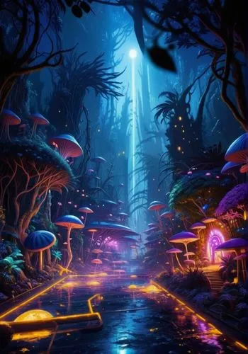 space,galaxy,forest,lightcolorfull,avatar,animail,a painting of a river in a forest filled with mushrooms,mushroom landscape,fairy world,fairy village,fairy forest,fantasy city,alien world