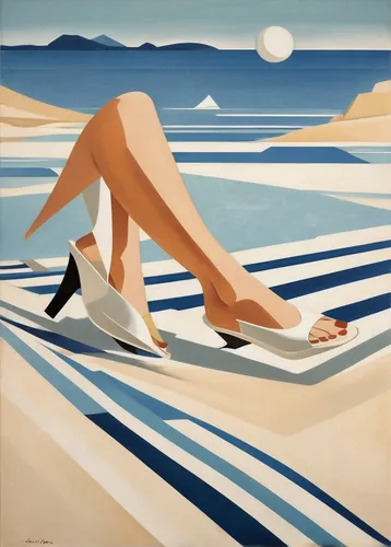 art deco woman,olle gill,art deco,travel poster,vintage art,italian poster,beach shoes,balearica,beach landscape,the balearics,art deco ornament,golden sands,breton,watercolor pin up,sunlounger,art deco background,white sand,sunbeds,vintage illustration,achille's heel,Illustration,Vector,Vector 18