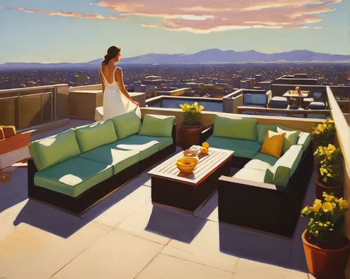 roof terrace,roof landscape,roof top,rooftop,sky apartment,rooftops,roof garden,on the roof,penthouse apartment,roof top pool,above the city,view from the roof,block balcony,terrace,mid century modern,balcony garden,balcony,roofs,skyscapers,apartment lounge,Conceptual Art,Daily,Daily 12