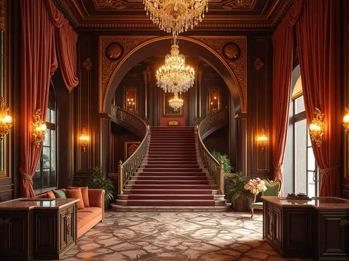 Luxurious loft interior, rich velvet drapes, ornate gold leaf accents, intricate carvings, grand crystal chandeliers, lavish furnishings, tufted sofas, marble countertops, antique wooden panels, opule