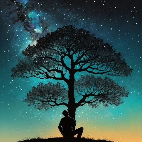 画一位坐在树下的男子, 敬畏地仰望星空.,the tree and man is under the milky night sky, silhouette,tree of life,magic tree,lone tree,tree silhouette,lonetree,Illustration,Paper based,Paper Based 19