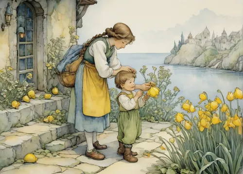 kate greenaway,children's fairy tale,jonquils,daffodils,girl picking flowers,daffodil field,little girl and mother,the little girl's room,little boy and girl,yellow daffodils,picking flowers,fairy tale,buttercups,a fairy tale,vintage illustration,a collection of short stories for children,jonquil,tulpenbüten,yellow tulips,hans christian andersen,Illustration,Paper based,Paper Based 29