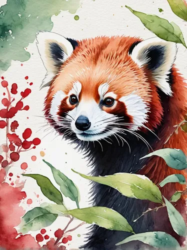 Draw a charming red panda in a serene forest setting.,red panda,watercolour fox,flower painting,watercolor christmas background,watercolor background,colored pencil background,fauna,bamboo,panda,water