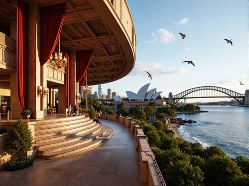 Grand opera house, majestic architecture, sweeping curves, ornate details, lavish interior, red velvet curtains, golden chandeliers, marble floors, grand staircase, scenic waterfront, Sydney Harbour B