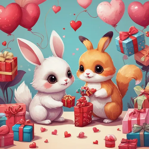 Illustrate a cute valentine's wallpaper with adorable animals exchanging gifts,valentines day background,valentine day,valentine background,saint valentine's day,valentine's day,valentine's,gifts,cute