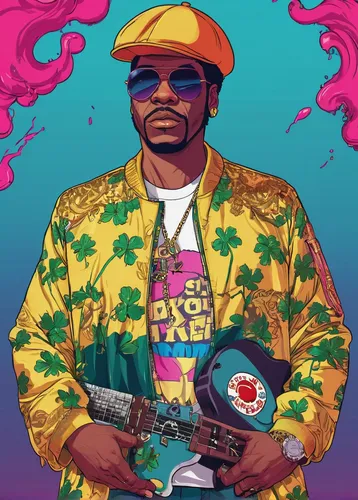 drug icon,vector illustration,80s,gangstar,dj,guru,hip hop music,album cover,soundcloud icon,man in pink,spotify icon,taj-mahal,vector art,groovy,rap,colt 45,pistol,game illustration,dealer,miami,Illustration,Vector,Vector 19