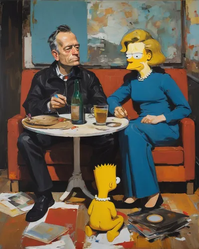 homer simpsons,homer,flanders,state of the union,grandparents,art,bart,popular art,man and wife,art dealer,ventriloquist,mother and father,fine art,oil on canvas,conversation,art world,modern art,distracted,the listening,modern pop art,Conceptual Art,Oil color,Oil Color 01