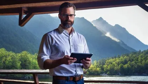 Landscape architect, Carson McElheney, mature man, (40yo), serious expression, glasses, short brown hair, beard, white shirt, dark blue jeans, holding a tablet, standing, scenic mountain range, misty 