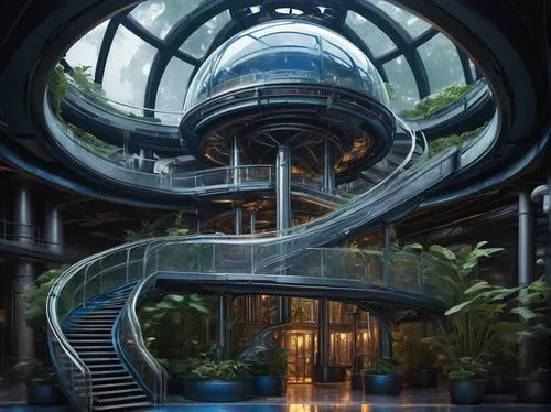 atriums,futuristic architecture,atrium,arcology,spiral staircase,helix,futuristic art museum,wintergarden,skyways,skywalks,oscorp,glass building,europacorp,winding staircase,titanum,safdie,skybridge,futuristic,futuristic landscape,water stairs,Illustration,Black and White,Black and White 01