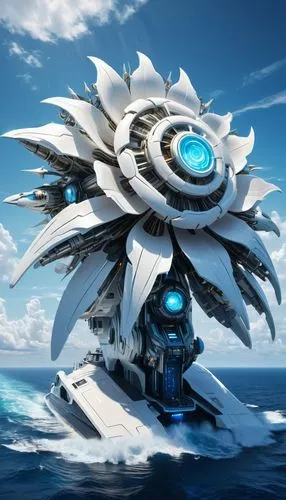 White glowing Ultra-modern high-tech warship in the shape of a huge mechanical flower, laser guns, space distortion systems, take-off engines, blue sky, blue sea,,a futuristic white boat in the ocean 