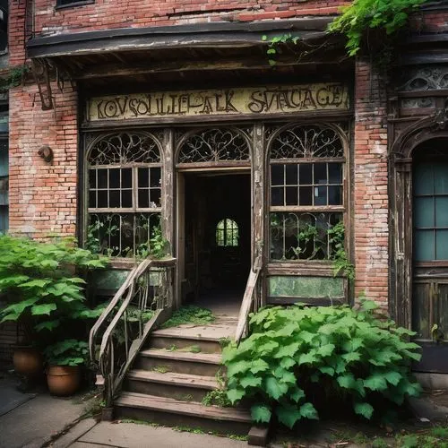 Abandoned Louisville architectural salvage store, old brick building, worn wooden sign, rusty metal door, intricate stone carvings, stained glass windows, overgrown with ivy, vintage construction mate