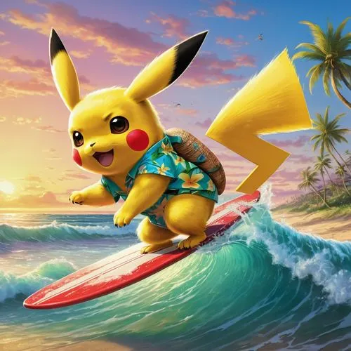 Pikachu, riding surfboard, sunset beach, waves crashing, palm trees swaying, tropical flowers blooming, bright yellow sand, clear turquoise water, Pikachu's red cheeks, big eyes shining, electric powe