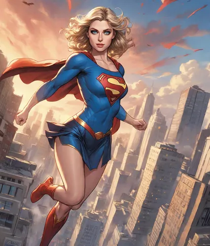 SUPERGIRL FLYING IN THE CITY OF SMALLVILLE,super heroine,super woman,goddess of justice,superhero background,wonder woman city,wonder,figure of justice,superman,wonderwoman,cg artwork,head woman,super