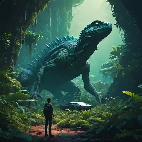 jurassic,dino,raptor,giant lizard,dinosaur,sci fiction illustration,encounter,trex,landmannahellir,prehistoric,dinosaruio,t rex,komodo,world digital painting,tyrannosaurus,tyrannosaurus rex,rex,concept art,crocodile,size comparison,Conceptual Art,Sci-Fi,Sci-Fi 11