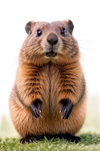 Groundhog, rodent, furry, brown fur, whiskers, cute expression, black eyes, pink nose, chubby body, short legs, standing upright, paws together, green grass, sunny day, shallow depth of field, soft fo