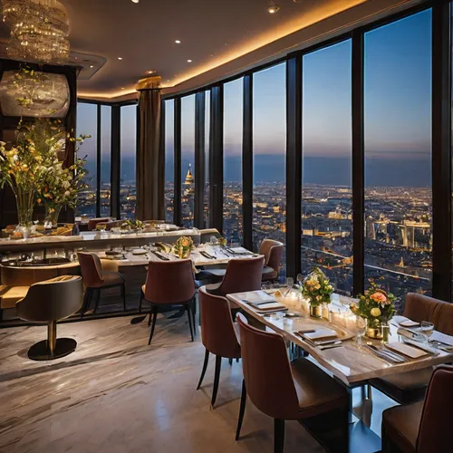 Imagine stepping into a grand restaurant with expansive floor-to-ceiling windows offering breathtaking views of the entire cityscape. Here's a vivid description of the stunning interior:

As you enter