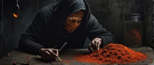 conceptual photography,fire artist,orange robes,buddhist monk,metalsmith,indian monk,photo manipulation,photoshop manipulation,photomanipulation,muhammara,candlemaker,meticulous painting,digital compositing,baharat,paprika powder,the collector,monk,blacksmith,middle eastern monk,orange,Illustration,Abstract Fantasy,Abstract Fantasy 18