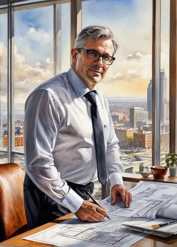 Male architect, middle-aged, bespectacled, short grey hair, stubble, white shirt, black tie, formal trousers, leather shoes, holding blueprints, standing, indoors, modern office, wooden desk, ergonomi