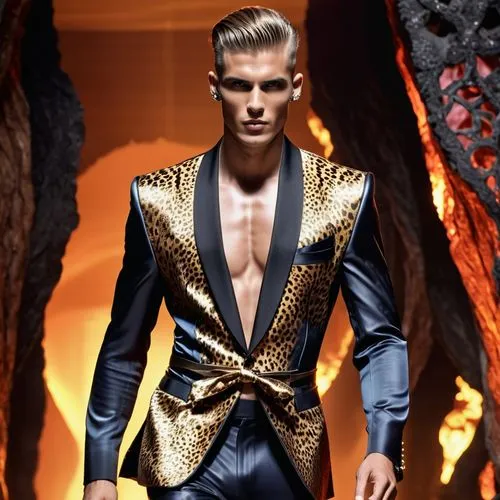 a beautiful semi dressed  young man walking down a cat walk dressed in a   seductive sheer very elegant and see through leather  material of various colours and design's ,a man walking down the runway